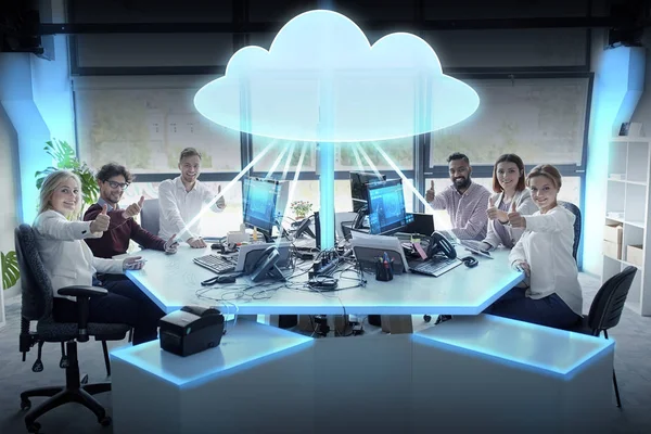 Happy business team with cloud computing hologram — Stock Photo, Image