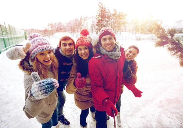 Glada vänner med smartphone på isen skridskobana Royaltyfria Stockfoton