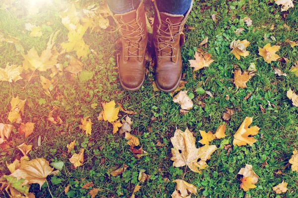 Kobiece nogi w buty i liści jesienią na trawie Obrazy Stockowe bez tantiem