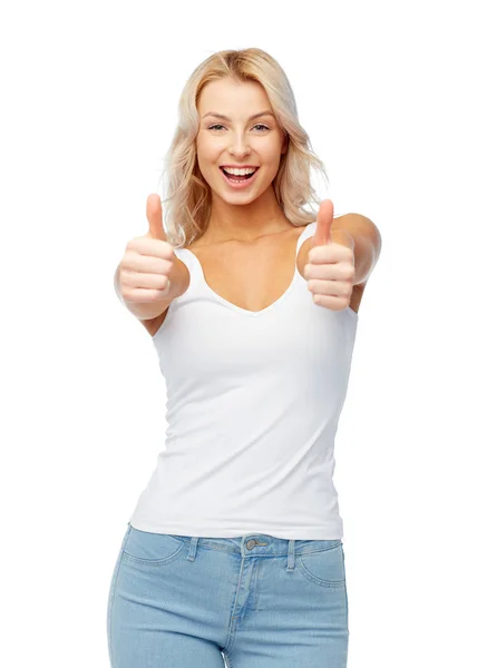 Happy young woman showing thumbs up — Stock Photo, Image