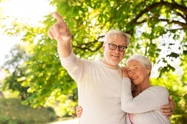 Glada seniorpar kramas på sommarparken — Stockfoto