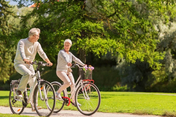 Gelukkig seniorenpaar fietsen op zomerpark — Stockfoto