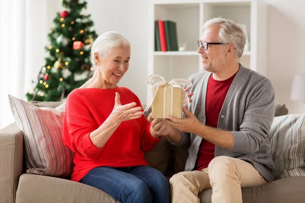 Lyckligt leende senior par med julklapp — Stockfoto