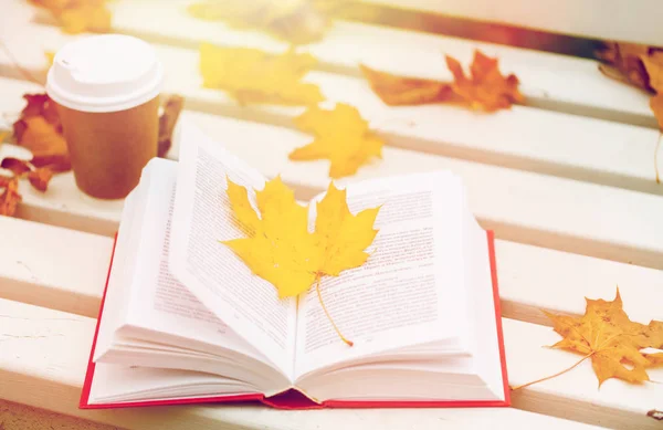 Libro abierto y taza de café en el banco en el parque de otoño — Foto de Stock