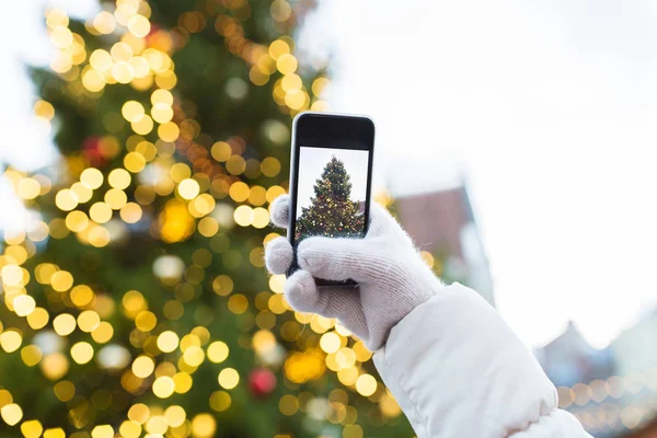 Manos con smartphone fotografiando árbol de navidad —  Fotos de Stock