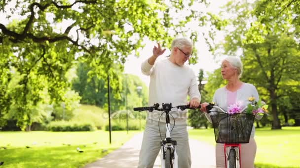 Happy senior couple riding bicycles at summer park — Stock Video