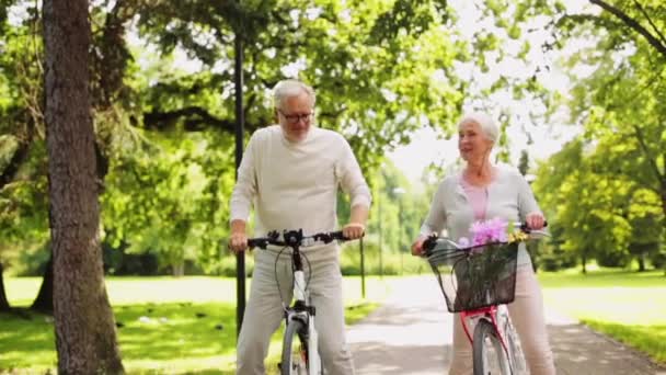 Glad senior par ridning cyklar på sommaren park — Stockvideo