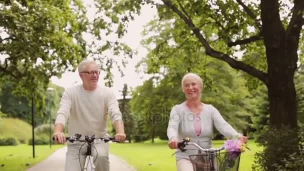 Feliz casal sênior andar de bicicleta no parque de verão — Vídeo de Stock