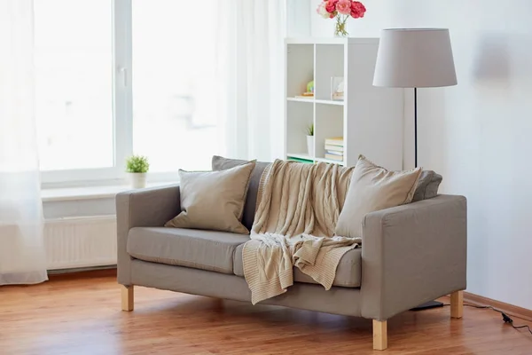 Sofá com almofadas na acolhedora sala de estar em casa — Fotografia de Stock