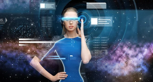 Mulher em realidade virtual óculos 3d com gráficos — Fotografia de Stock