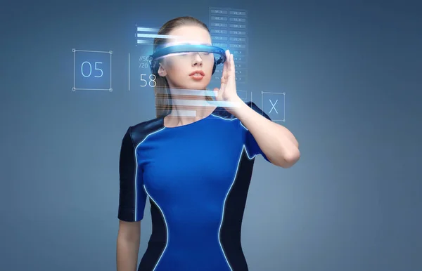 Frau in virtueller Realität 3D-Brille mit Diagrammen — Stockfoto