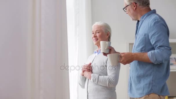 Feliz pareja de ancianos bebiendo café en casa — Vídeos de Stock