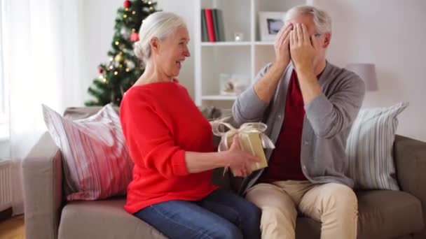 Feliz sonriente pareja mayor con regalo de Navidad — Vídeos de Stock