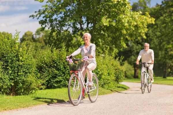 Glad senior par ridning cyklar på sommaren park — Stockfoto