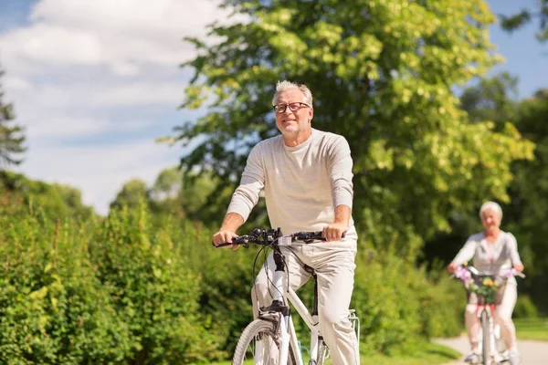 Glad senior par ridning cyklar på sommaren park — Stockfoto