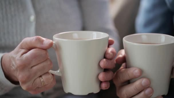 Mains de couple aîné avec des tasses de thé — Video