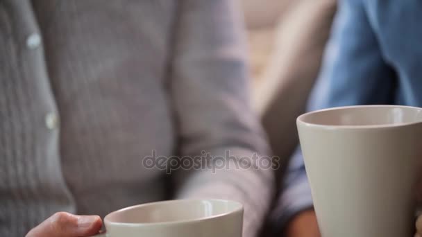 Mains de couple aîné avec des tasses de thé — Video