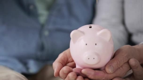 Mãos de casal sênior com moeda e banco porquinho — Vídeo de Stock