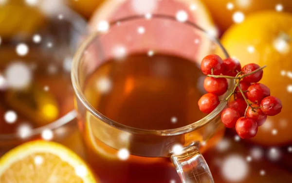 Tutup cangkir teh dengan rowanberry — Stok Foto