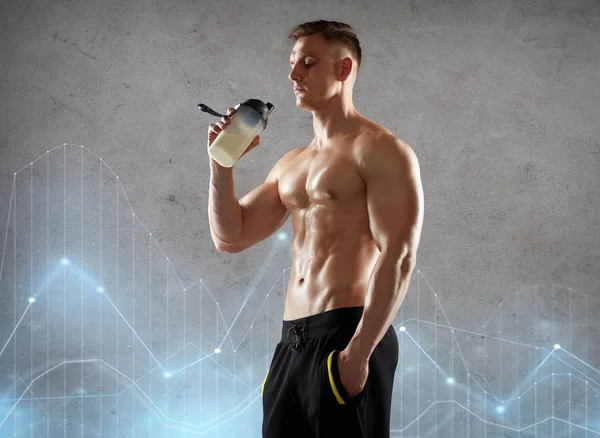 Young man or bodybuilder with protein shake bottle — Stock Photo, Image