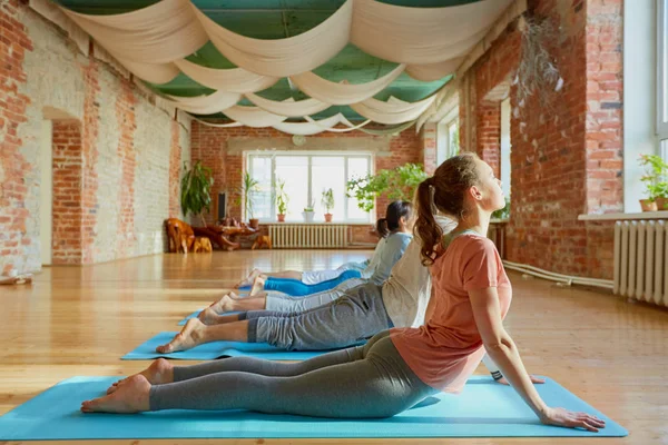 Groupe de personnes faisant du yoga pose cobra au studio — Photo