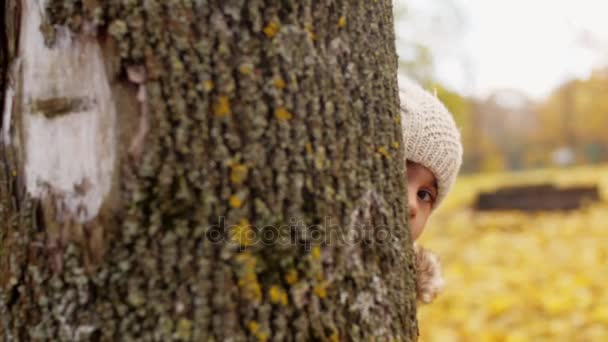 Красивая маленькая девочка прячется за деревом осенью — стоковое видео