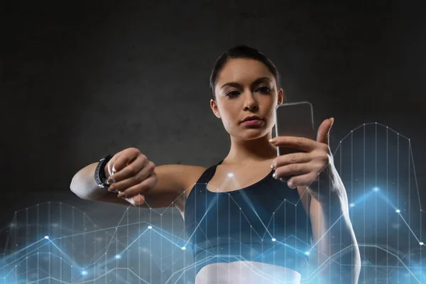 Mujer con reloj de frecuencia cardíaca y smartphone en el gimnasio —  Fotos de Stock