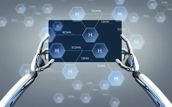 Ręce Robot z tablet pc i chemiczne formuły — Zdjęcie stockowe
