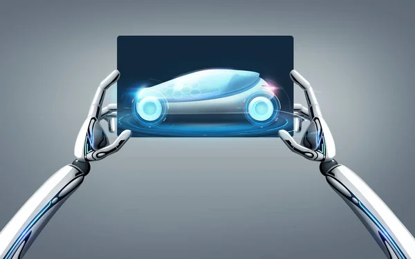 Mãos robô com carro conceito na tela tablet pc — Fotografia de Stock