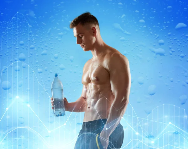 Young man or bodybuilder with bottle of water — Stock Photo, Image