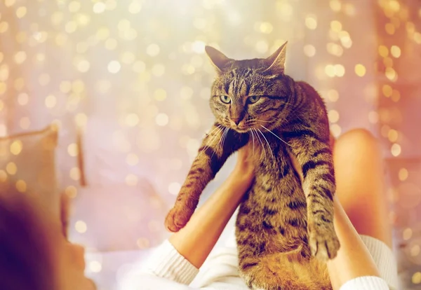 Jovem mulher com gato deitado na cama em casa — Fotografia de Stock