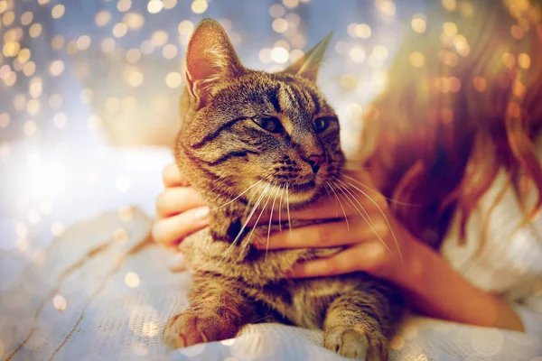 Giovane donna con gatto sdraiata a letto a casa Foto Stock Royalty Free