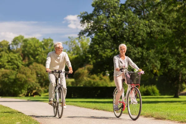 快乐的老夫妇在夏季公园骑自行车 — 图库照片