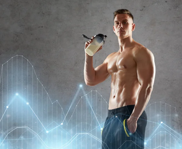 Young man or bodybuilder with protein shake bottle — Stock Photo, Image