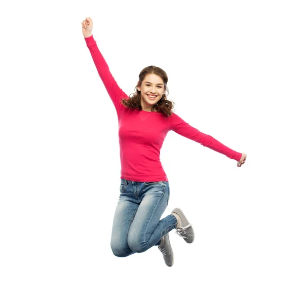 Sorrindo jovem mulher pulando no ar — Fotografia de Stock