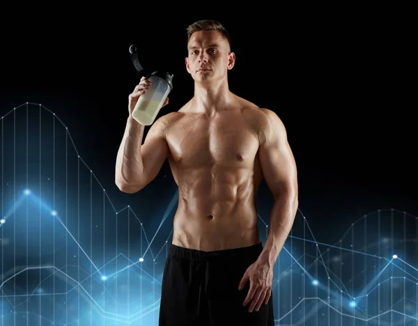 Young man or bodybuilder with protein shake bottle — Stock Photo, Image