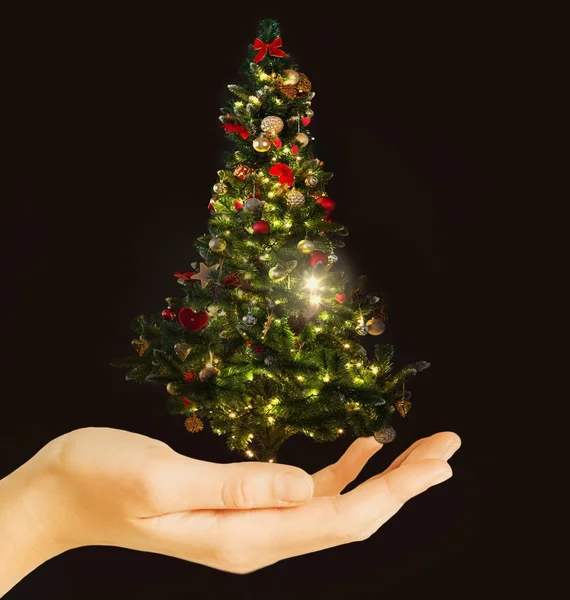 Hand holding versierd kerstboom — Stockfoto