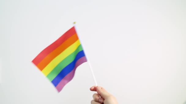 Mano sventolando gay o lgbt orgoglio arcobaleno bandiera colorata — Video Stock