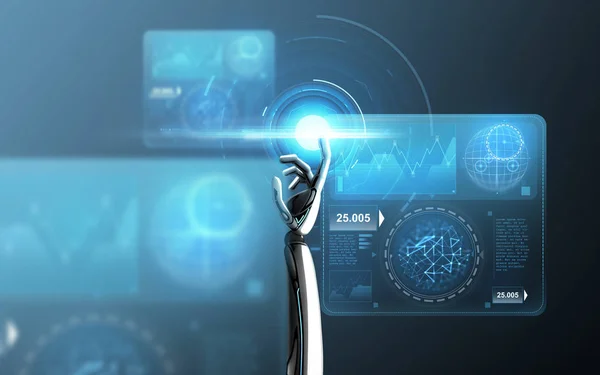 Mão robô tocando tela virtual sobre azul — Fotografia de Stock