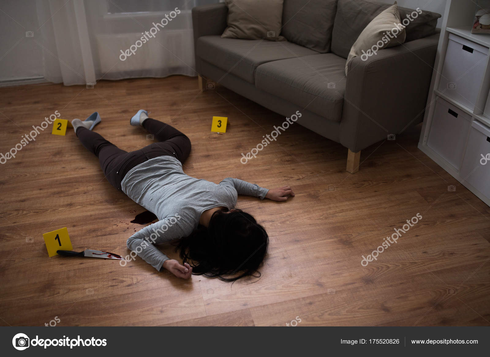 Dead Woman Body Lying On Floor At Crime Scene Stock Photo