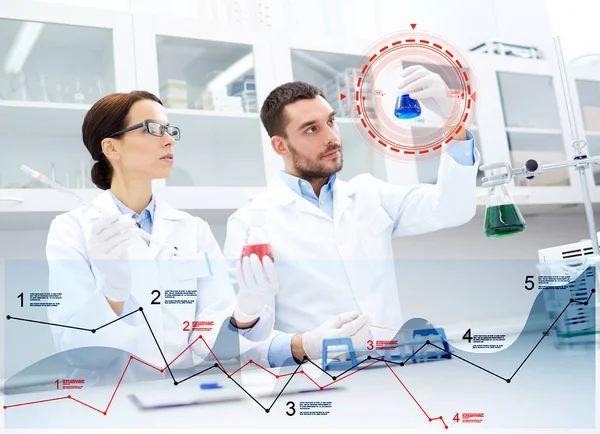 Jóvenes científicos haciendo pruebas o investigaciones en laboratorio — Foto de Stock