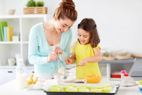 Happy mother and daughter baking muffins at home — Stock Photo, Image