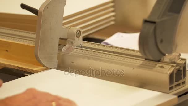 Плотник с панельной пилой и фибропластом на заводе — стоковое видео