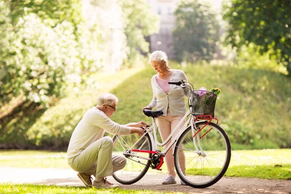 Felice coppia anziana con bicicletta al parco estivo — Foto Stock