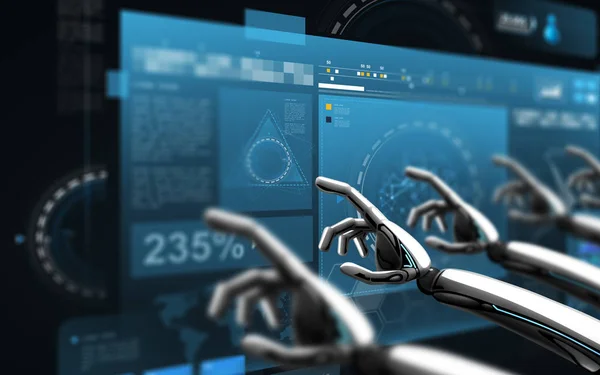 Mãos robô tocando telas virtuais sobre preto — Fotografia de Stock