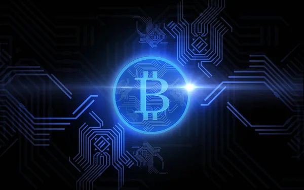 Proyección de bitcoin azul sobre fondo negro — Foto de Stock