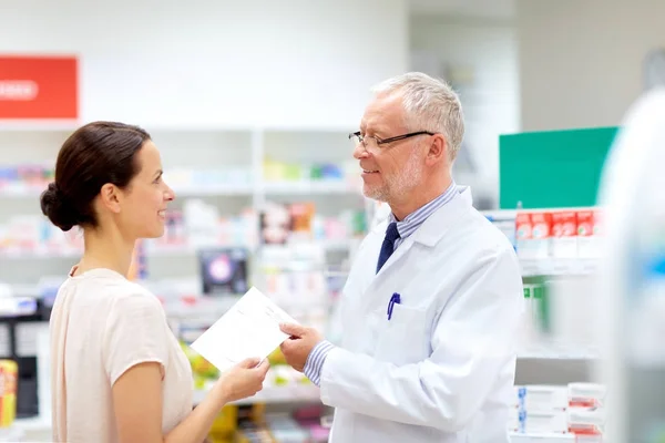 Mujer y boticario con prescripción en farmacia — Foto de Stock