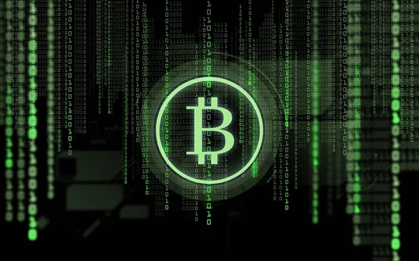 Bitcoin projeção e código binário sobre preto — Fotografia de Stock
