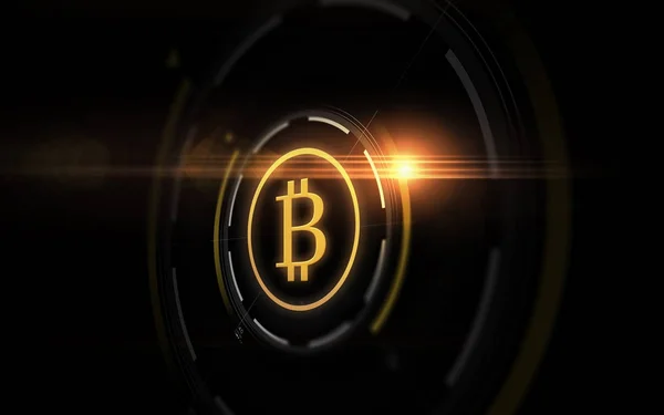 검은 배경 위에 골드 bitcoin 프로젝션 — 스톡 사진