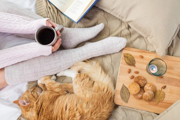 Frau mit Kaffee und roter Katze schläft im Bett — Stockfoto